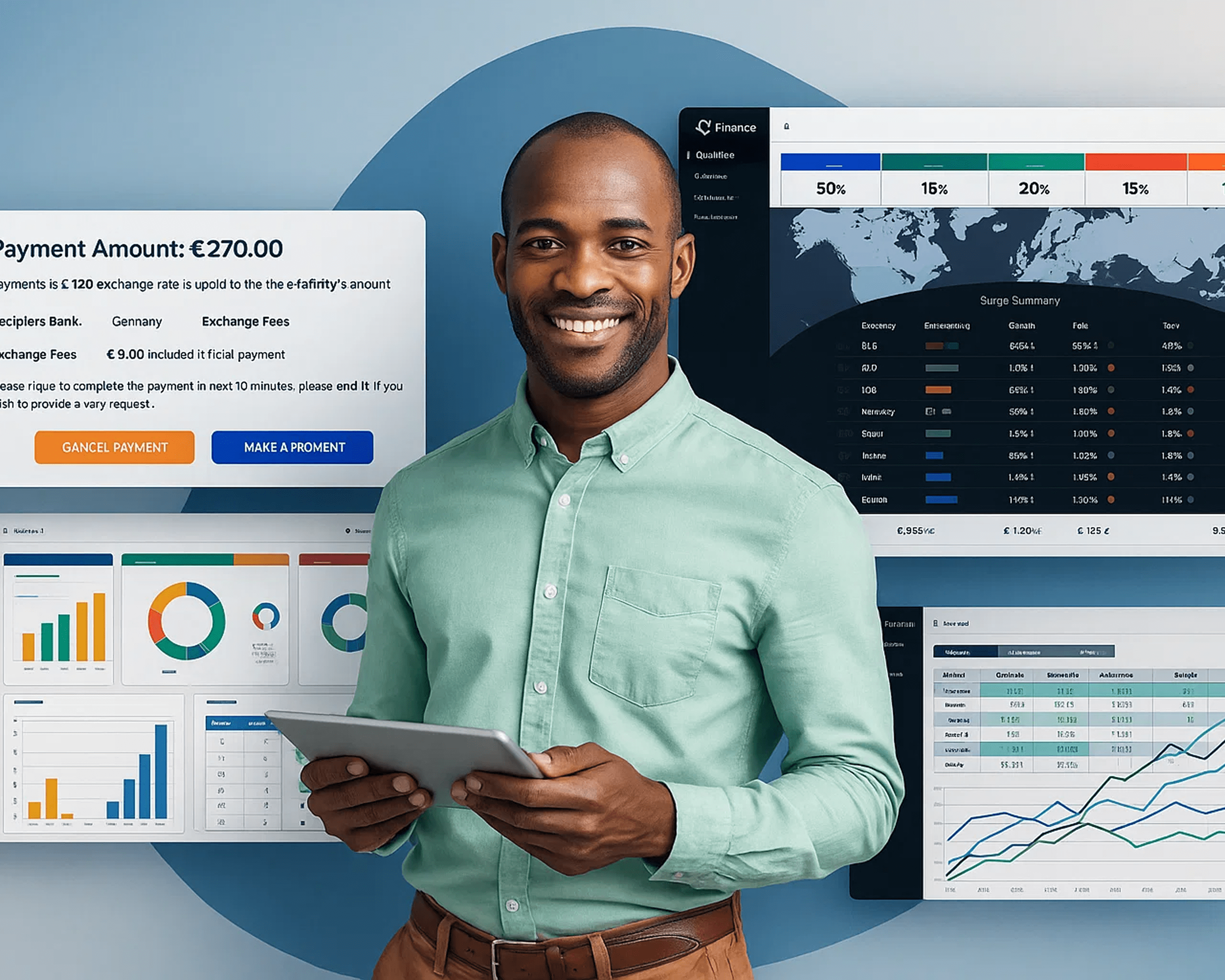Business professional with financial dashboards showing tax reclaim analytics